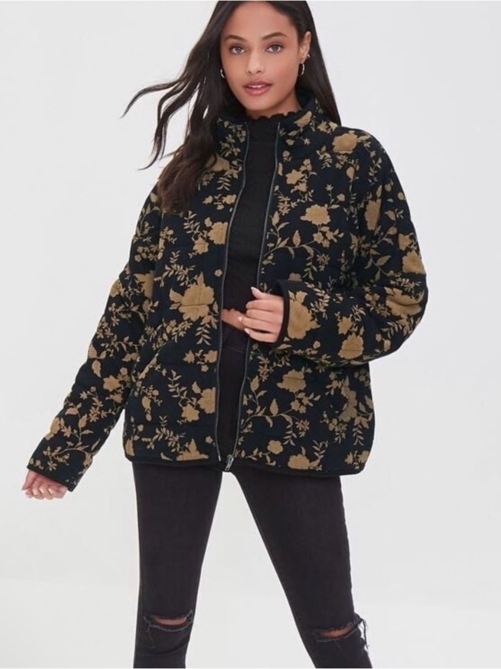 Forever 21 Quilted Floral Jacket black base with gold or beige floral patterns